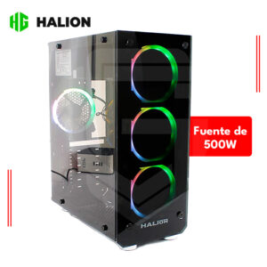 CASE GAMER HALION SPARTA 842, PANEL DE VIDRIO, ATX 500W, RGB, NEGRO