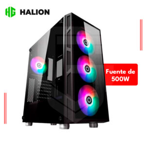 CASE HALION TRISTAR CON PANEL DE VIDRIO TEMPLADO, FUENTE 500W, 4 VENTILADORES LED RGB, COLOR NEGRO