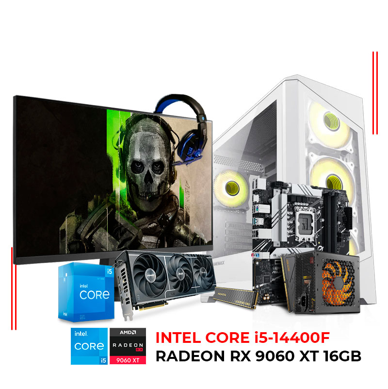 COMPUTADORA GAMER INTEL CORE i5 14400F, RAM 16GB DDR5, SSD 1TB, RX 9060XT 8GB, MONITOR 27" FHD