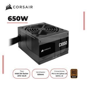 FUENTE DE PODER CORSAIR CX650, 650W, BLACK, 80 PLUS BRONZE (CP-9020278-NA)