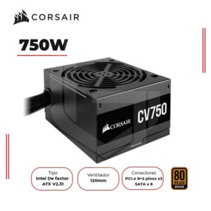 FUENTE DE PODER CORSAIR CX750, 750W, BLACK, 80 PLUS BRONZE (CP-9020279-NA)